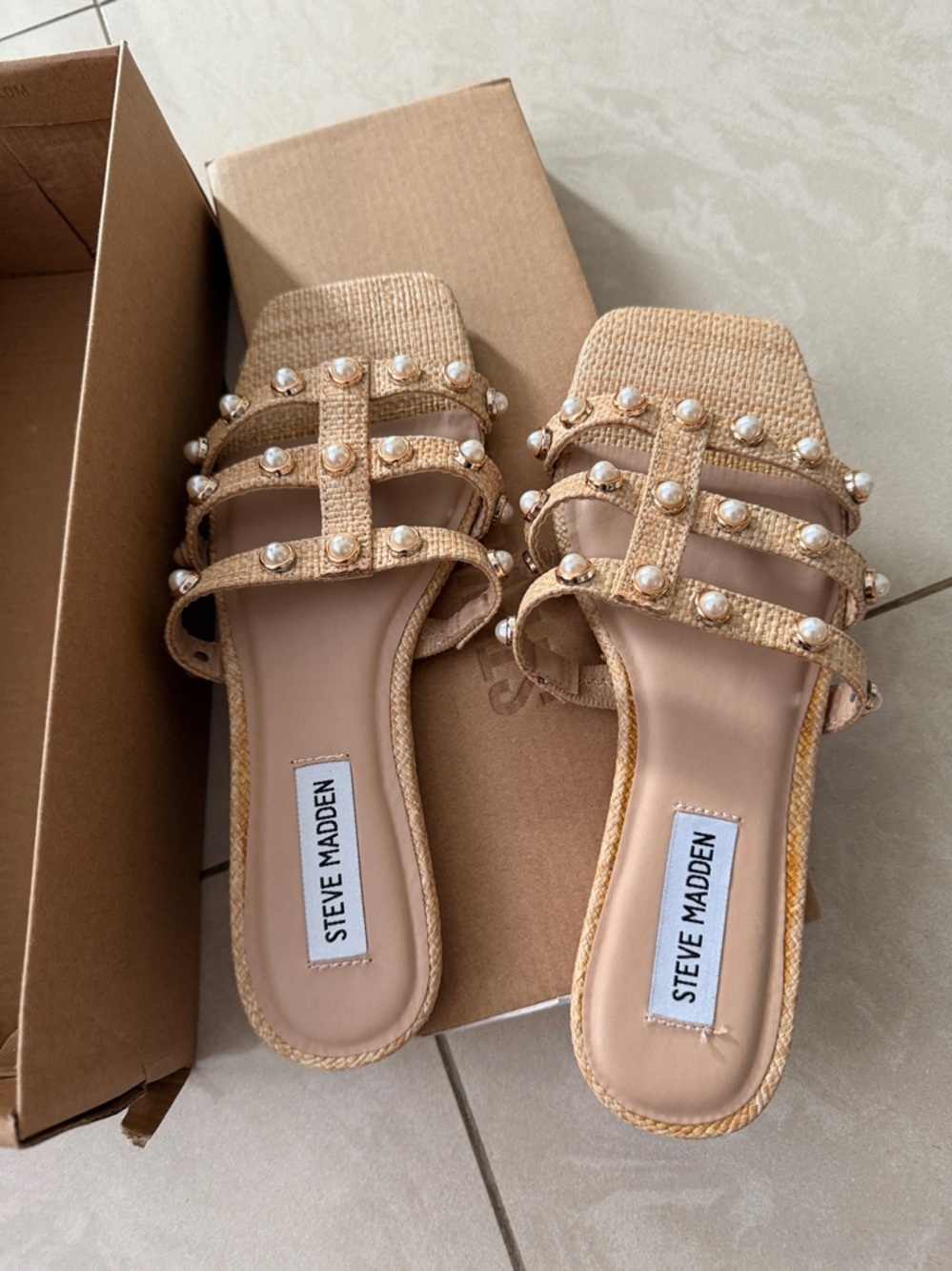 New! Steve Madden Tan Woven Slide Sandals with Pearl Straps - Picture 2 of 4
